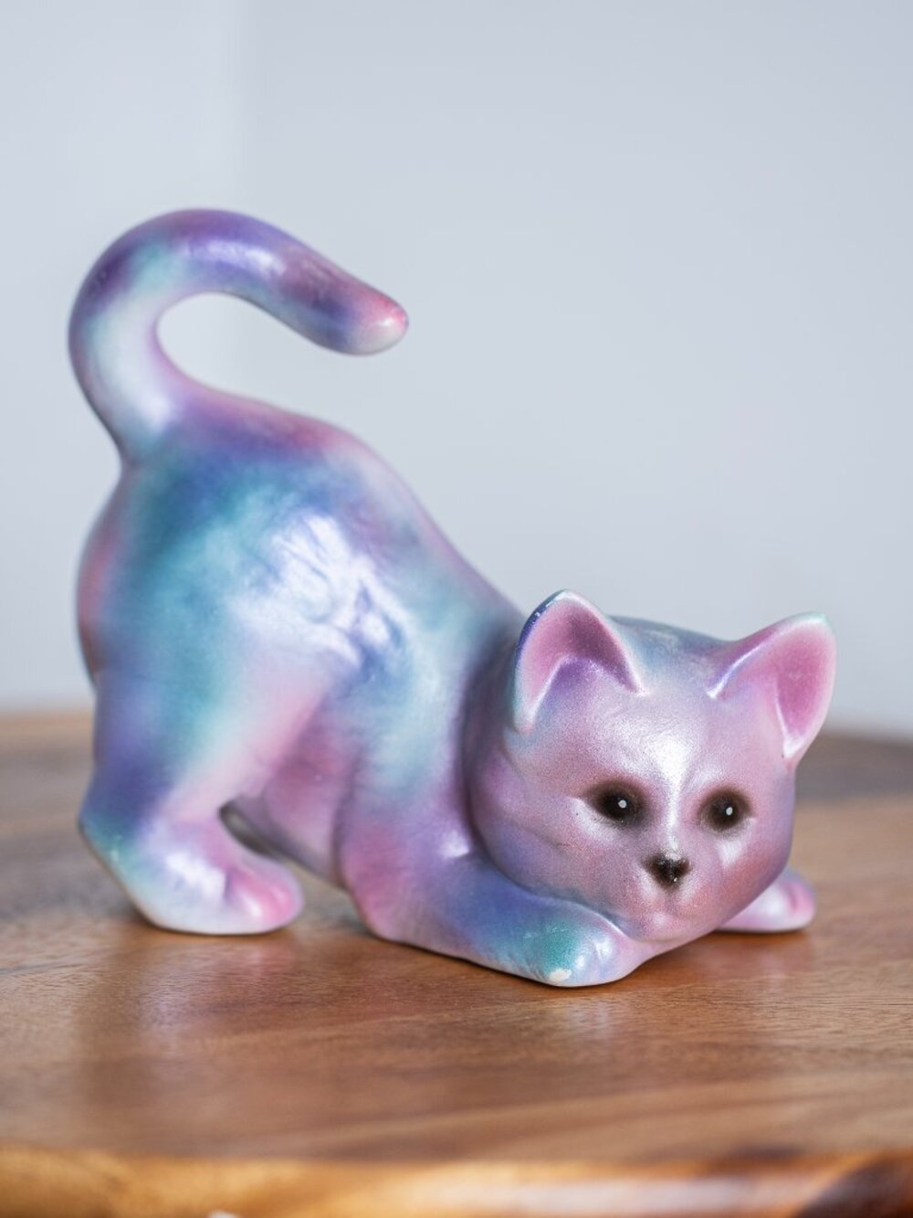 Vintage Iridescent Cat Figurine | Pastel Ceramic Kitty Statue | Kitsch Decor